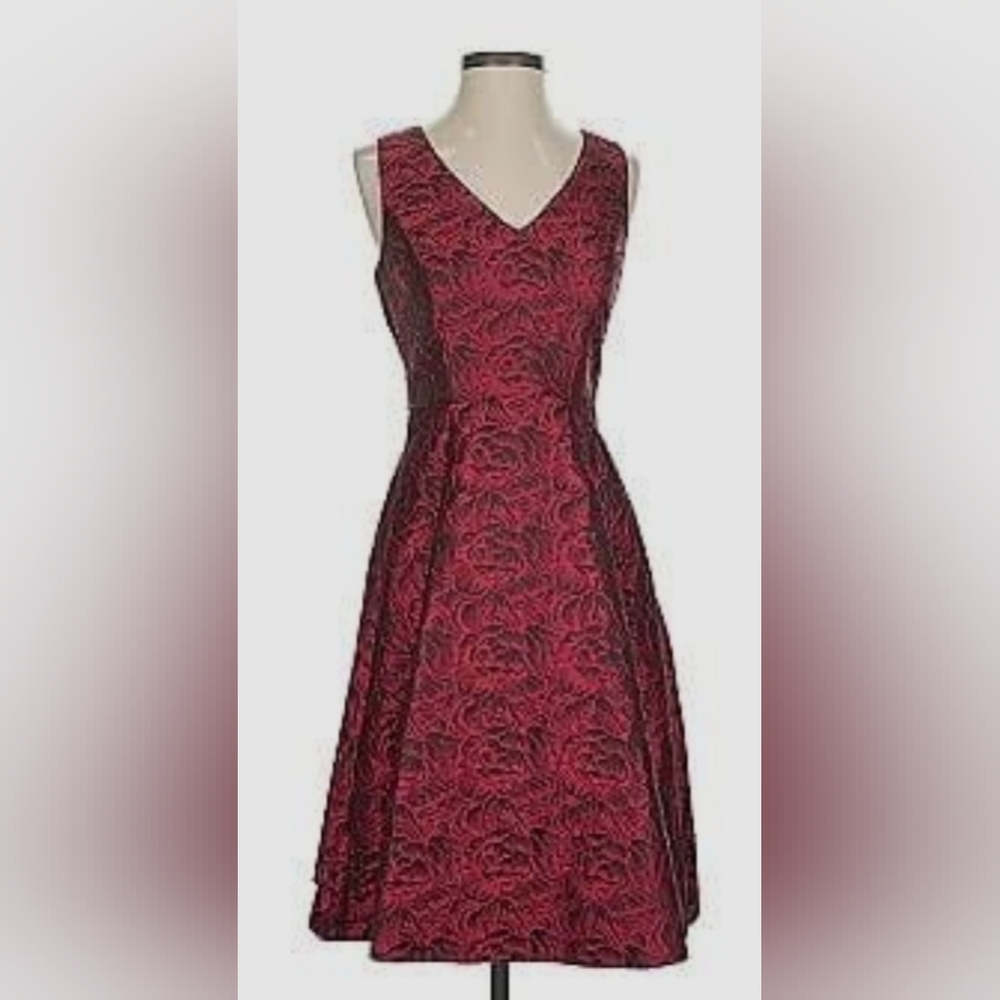 EUC Catherine Malandrino Deep Red Floral Jacquard Fit & Flare Dress Sz 6